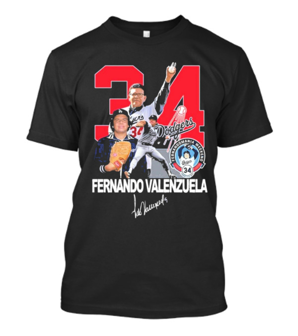 34 Dodgers Fernando Valenzuela Fernandomania Legend Signature T-Shirt