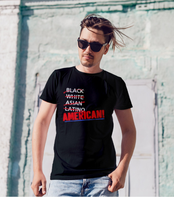 Joy Villa Lifsey Black White Asian Latino Strikethrough American Text T-Shirt