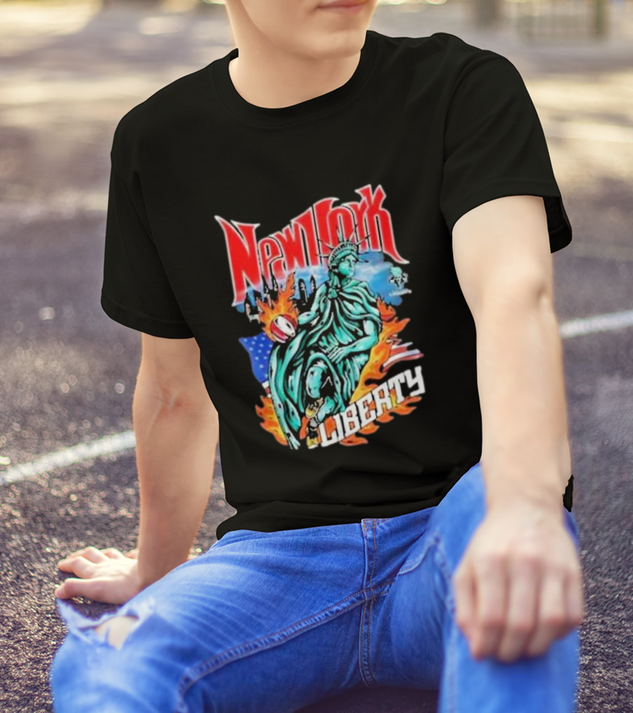 New York Liberty Statue Of Liberty With Flames And American Flag Basketball T-Shirt