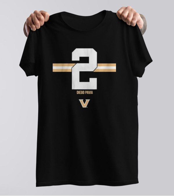 Vanderbilt Football Diego Pavia Number 2 Gold Stripe V T-Shirt