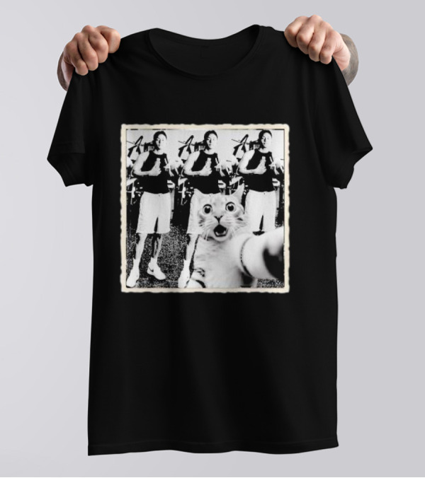 Cat Selfie With Taehyung Sasquatch And Cat Black And White Duplicate Thumbs Up T-Shirt