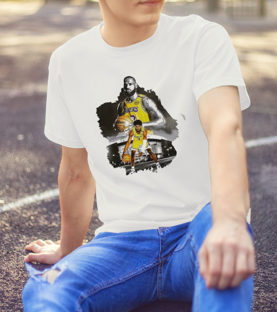 Lebron James Lakers Basketball Star In Action With Los Angeles Stadium Background T-Shirt