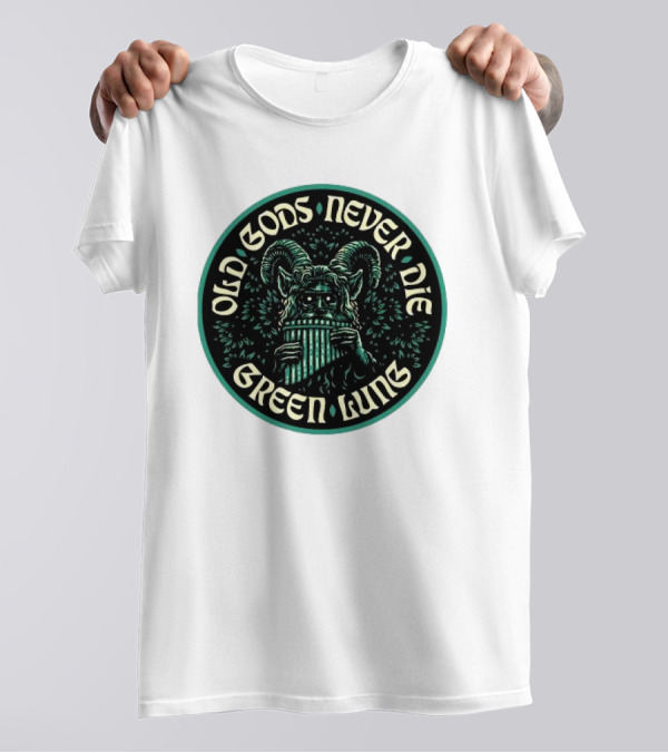 Old Gods Never Die Green Lung Goat-Horned Creature With Pan Flute T-Shirt
