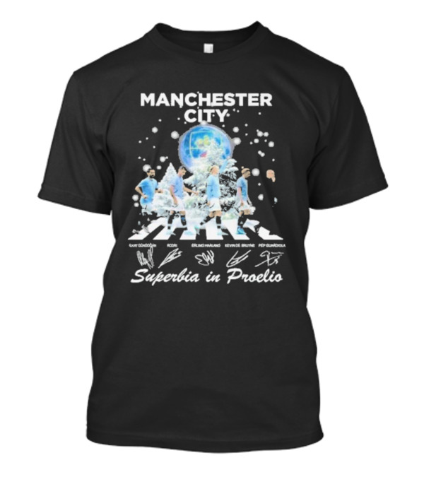 Manchester City 2024 Erling Haaland Kevin De Bruyne Christmas Superbia In Proelio Pep Guardiola Abbey Road Snow T-Shirt