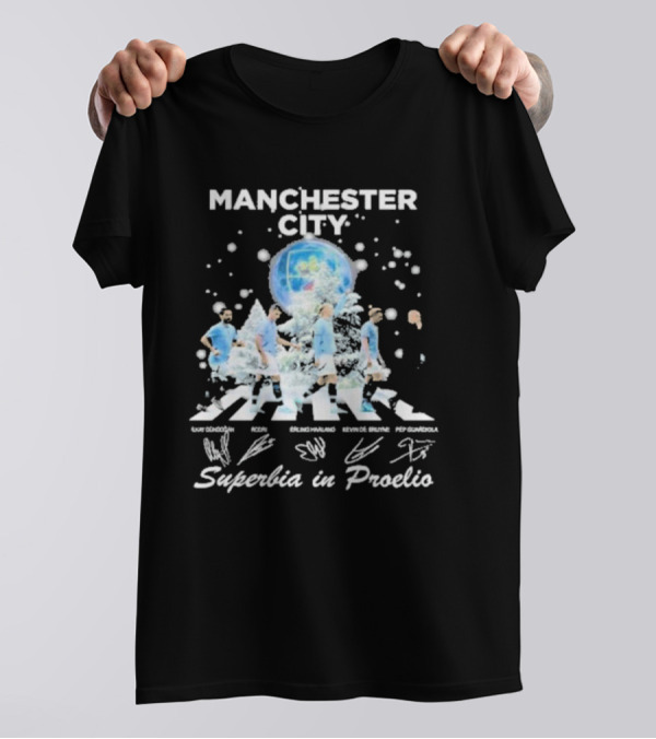 Manchester City 2024 Erling Haaland Kevin De Bruyne Christmas Superbia In Proelio Pep Guardiola Abbey Road Snow T-Shirt