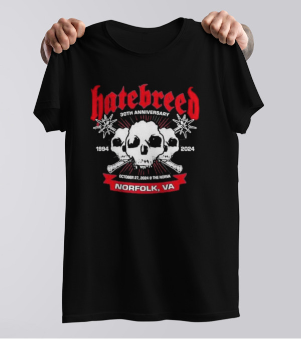 Hatebreed 30th Anniversary 1994 2024 October 27 Norfolk VA The NorVa Skulls And Spikes T-Shirt
