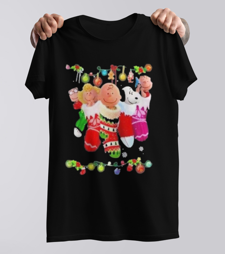 Snoopy Charlie And Friends In Festive Christmas Stockings With Holiday Lights T-Shirt