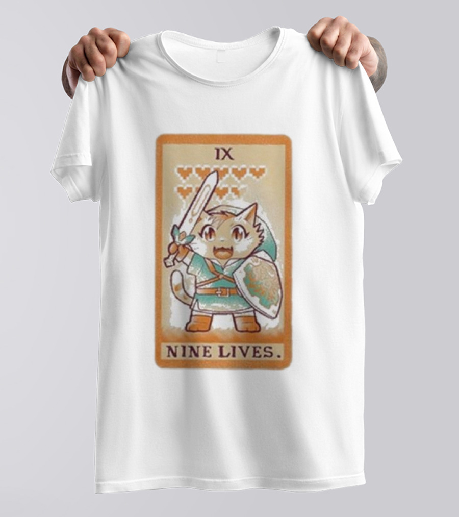 Nine Lives IX Tarot Cat Sword Shield Hearts T-Shirt