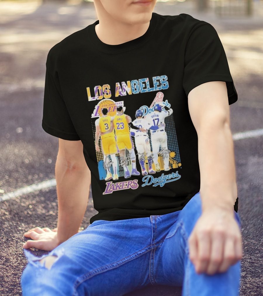 Los Angeles Lakers Dodgers LeBron James Anthony Davis Mookie Betts Freddie Freeman Signatures T-Shirt
