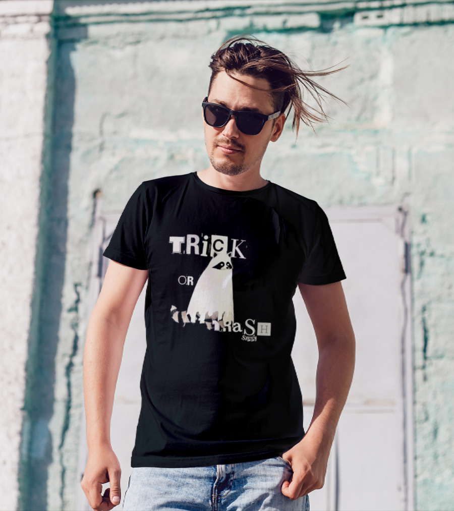 TRICK OR TRASH SIPPY Black Raccoon Ghost Costume T-Shirt