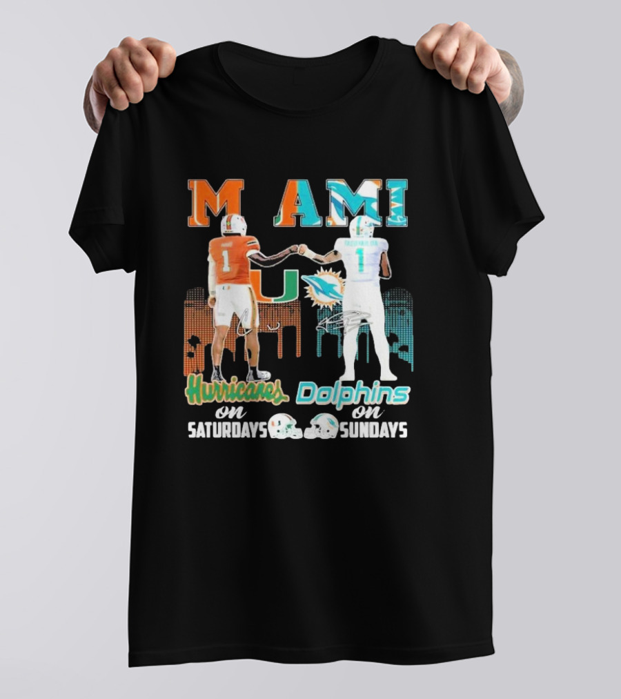 Miami Hurricanes On Saturdays Dolphins On Sundays T-Shirt