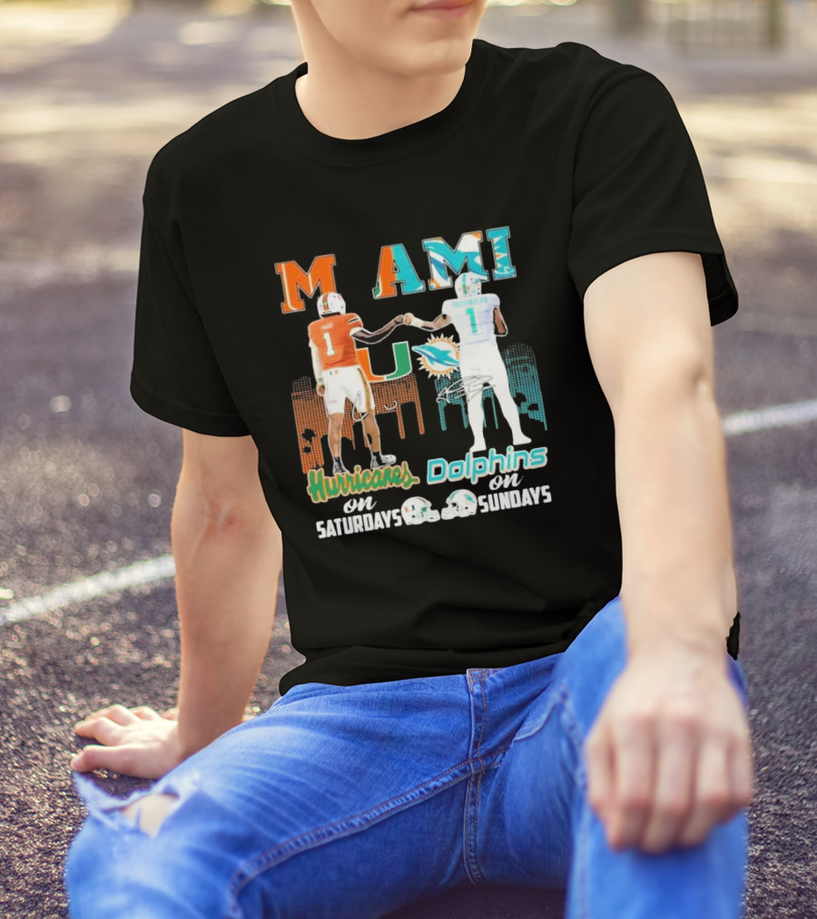 Miami Hurricanes On Saturdays Dolphins On Sundays T-Shirt