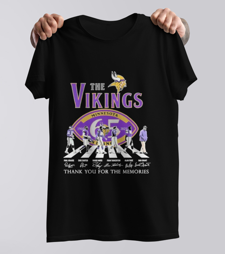 Minnesota Vikings Thank You For The Memories 1960-2025 Paul Krause Chris Carter Randy Moss Fran Tarkenton Alan Page Bud Grant T-Shirt