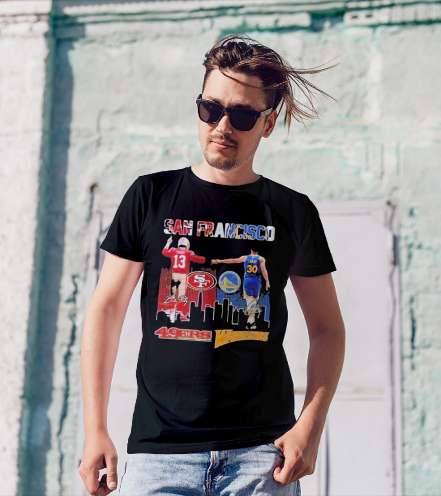 San Francisco 49ers Golden State Warriors Signatures With San Francisco Skyline T-Shirt