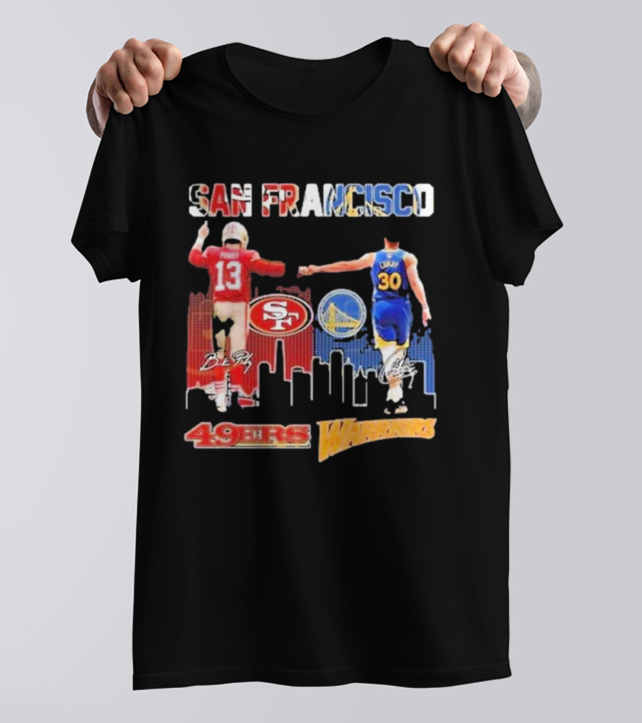 San Francisco 49ers Golden State Warriors Signatures With San Francisco Skyline T-Shirt