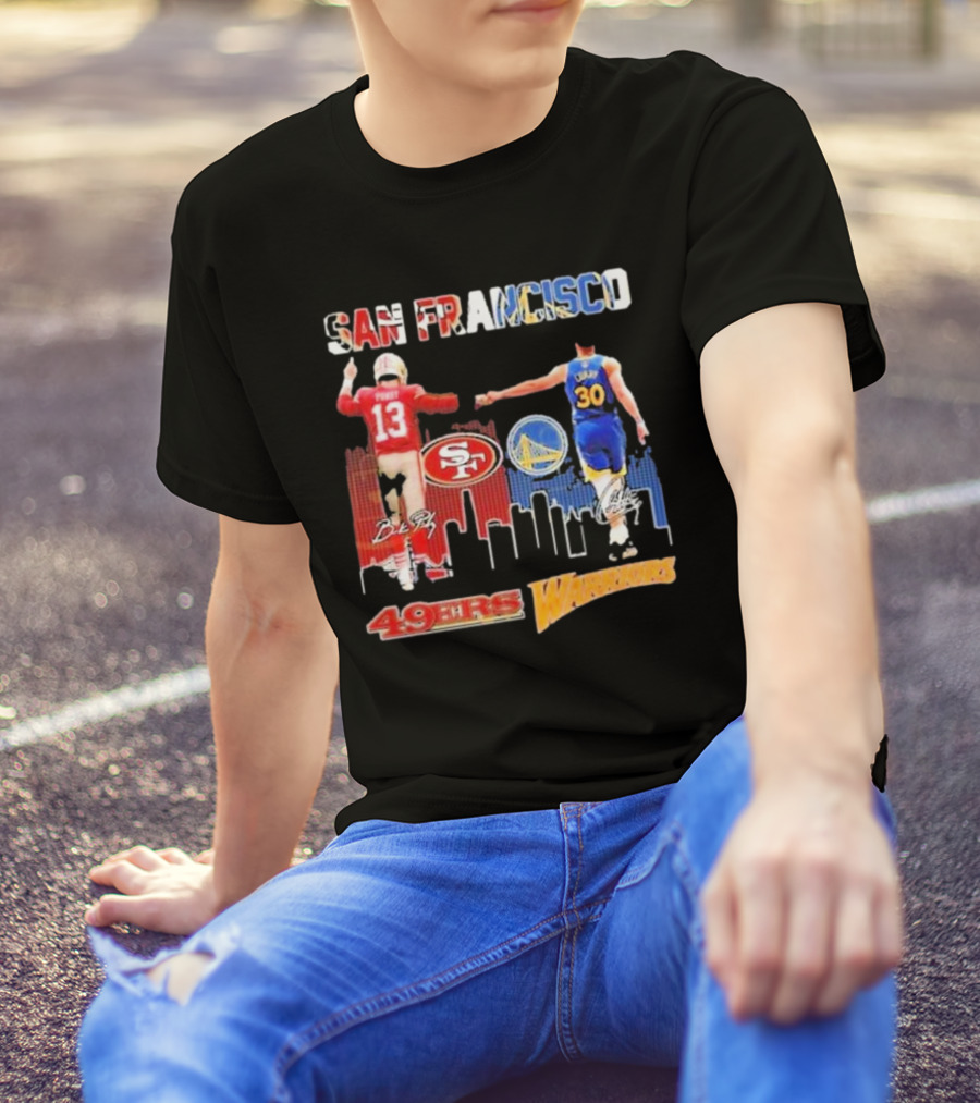 San Francisco 49ers Golden State Warriors Signatures With San Francisco Skyline T-Shirt