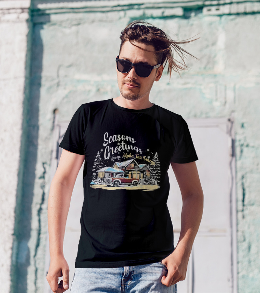Seasons Greetings From Alpha Tau Omega Vintage Cabin And Classic Car Winter Scene T-Shirt