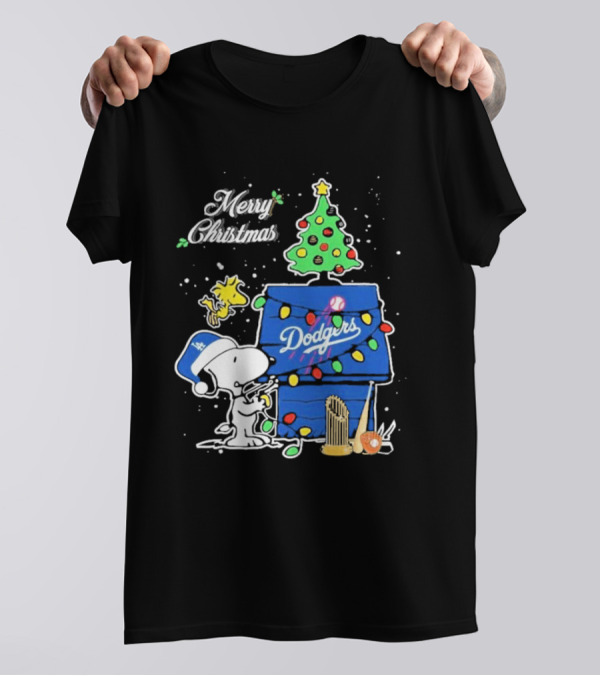 Merry Christmas Snoopy Los Angeles Dodgers Tree Lights Woodstock T-Shirt