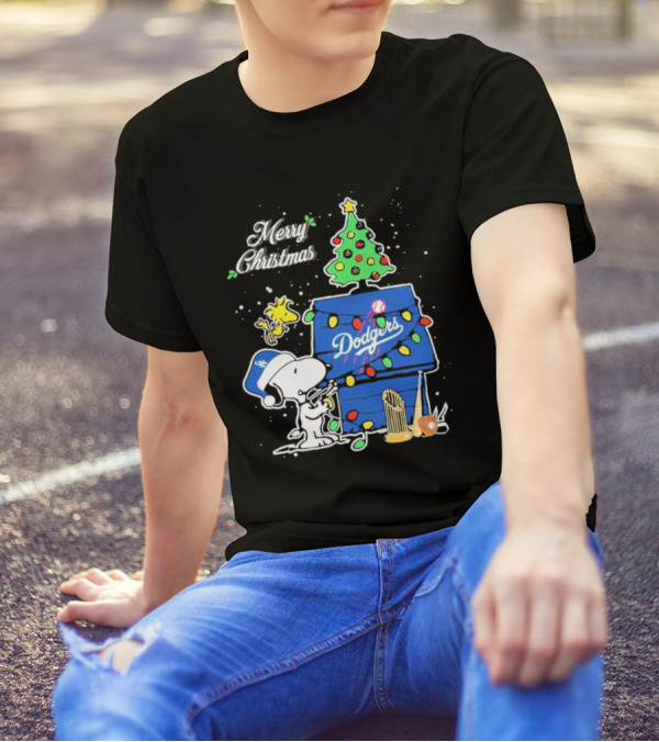 Merry Christmas Snoopy Los Angeles Dodgers Tree Lights Woodstock T-Shirt