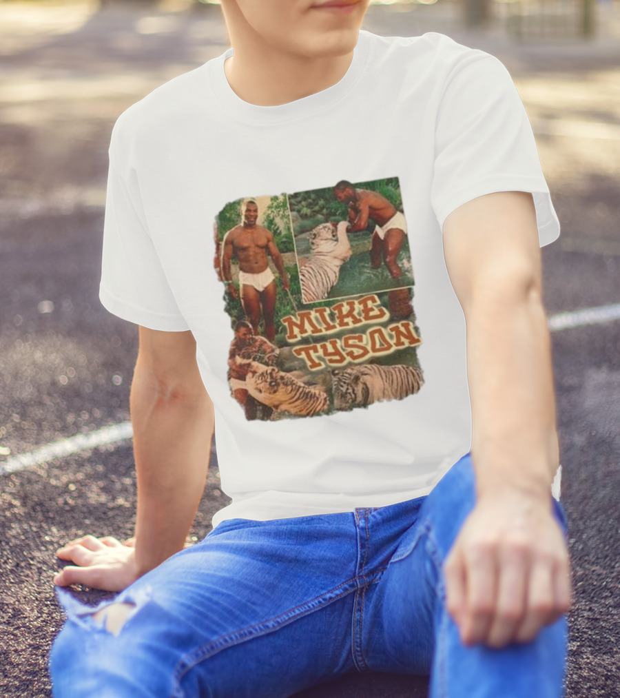 Mike Tyson With Tigers Vintage 90s Style Collage T-Shirt