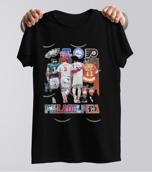Philadelphia Eagles Phillies 76ers Flyers Signature Hurts Harper Embiid Konecny T-Shirt