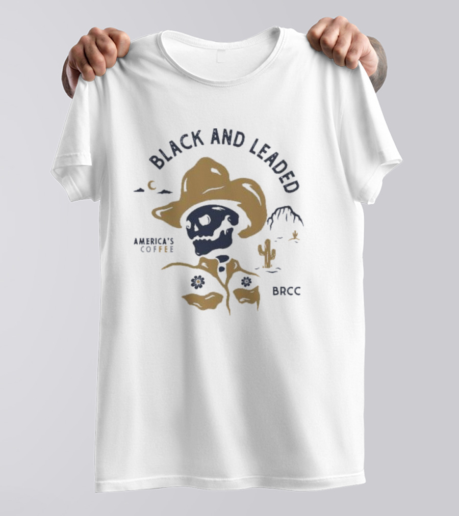 Black And Leaded Cowboy Skull America's Coffee BRCC Desert Scene T-Shirt