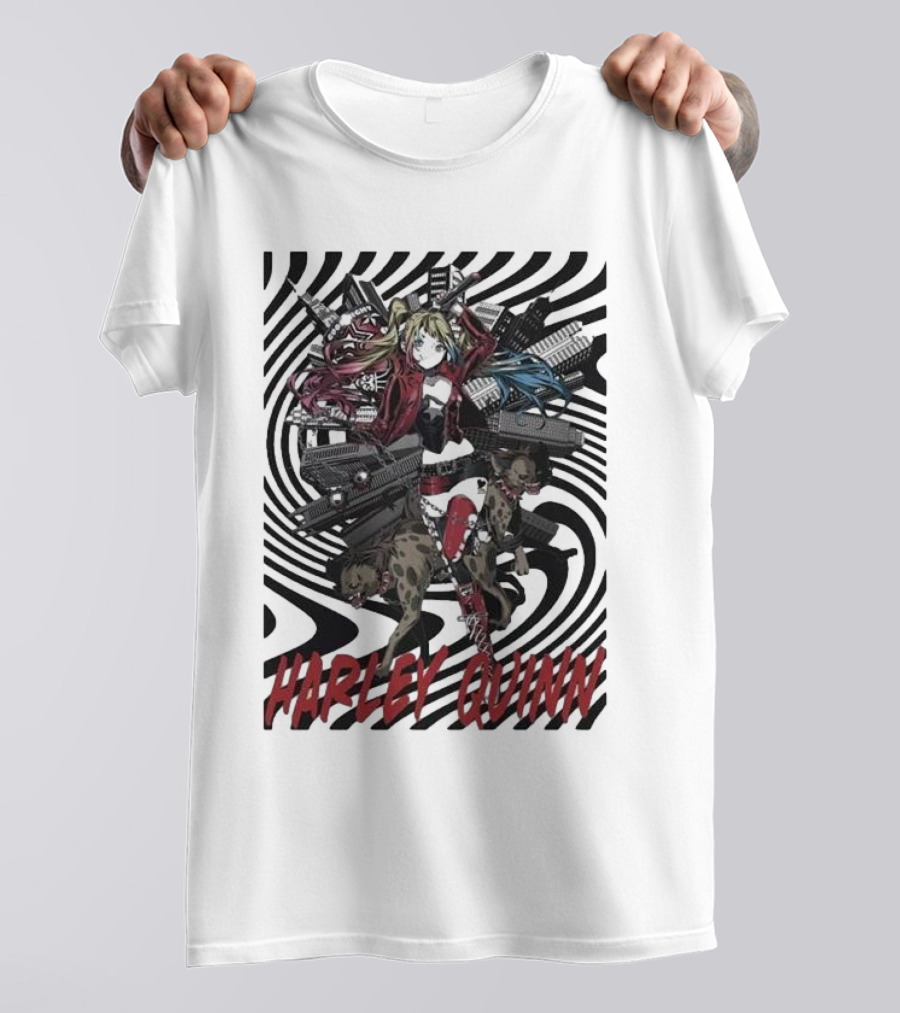 HARLEY QUINN Black And White Spiral With Hyenas T-Shirt