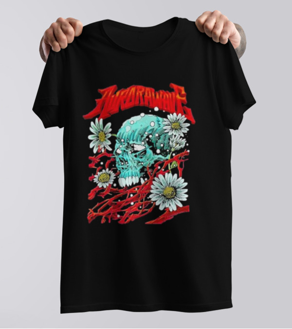 Aurorawave Blooming Skull With Daisies And Red Branches T-Shirt