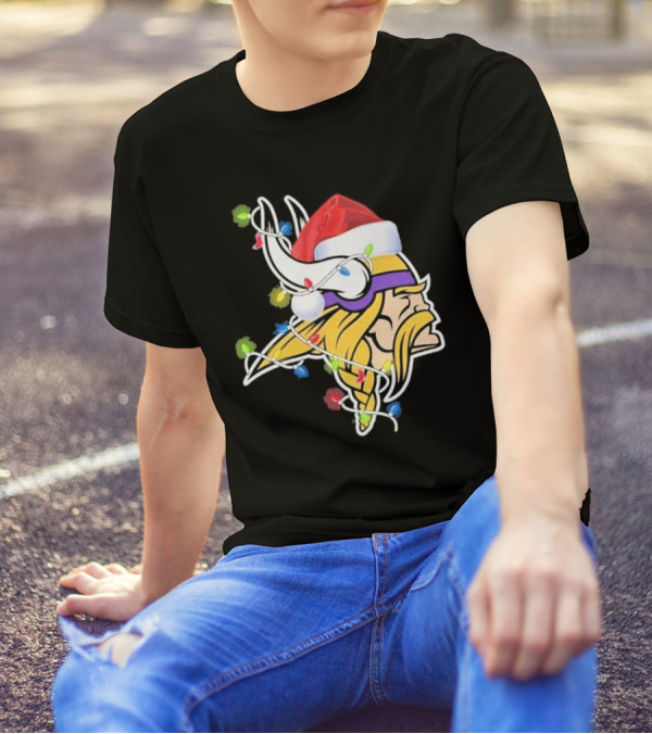Minnesota Vikings Merry Christmas 2D Santa Hat Lights T-Shirt