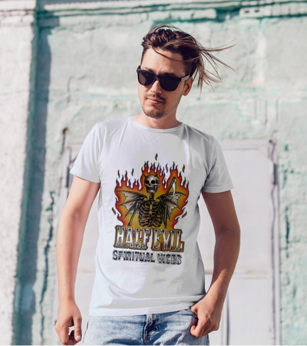 Half Evil Spiritual Vices Flaming Winged Skeleton T-Shirt
