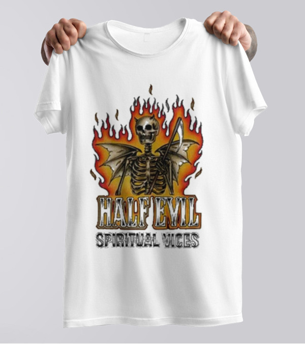 Half Evil Spiritual Vices Flaming Winged Skeleton T-Shirt