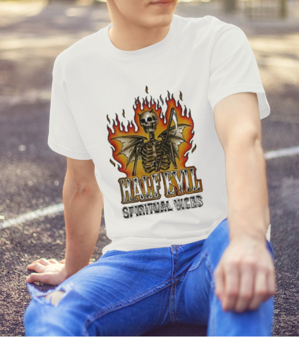 Half Evil Spiritual Vices Flaming Winged Skeleton T-Shirt