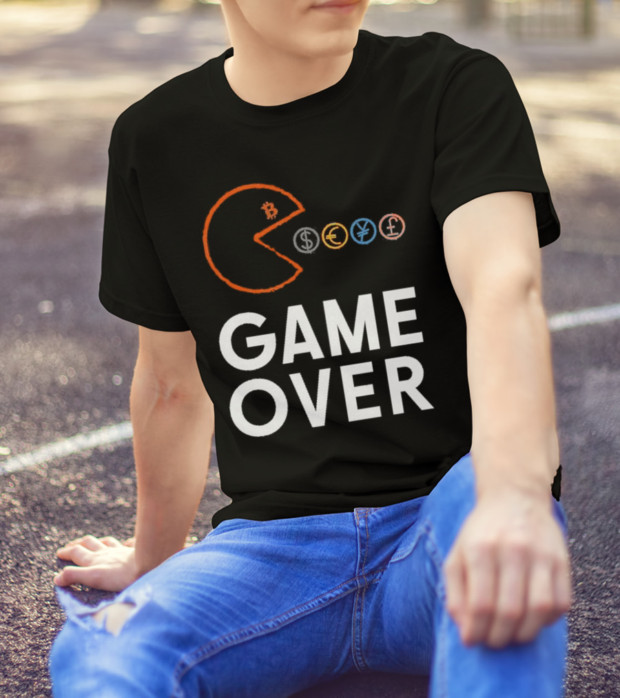 Game Over Bitcoin Pac-Man Eats Dollar Euro Yen Pound T-Shirt