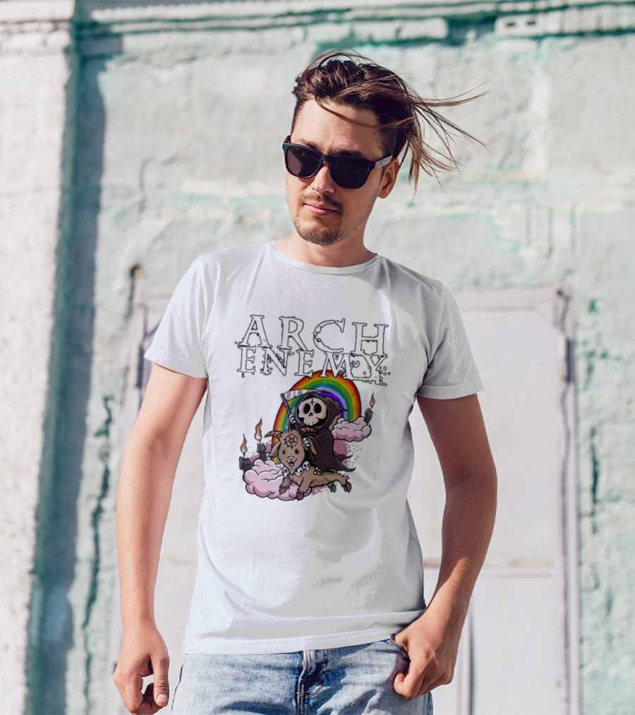 Arch Enemy Rainbow Reaper On Goat With Candles And Clouds T-Shirt
