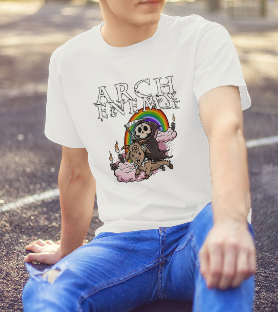 Arch Enemy Rainbow Reaper On Goat With Candles And Clouds T-Shirt