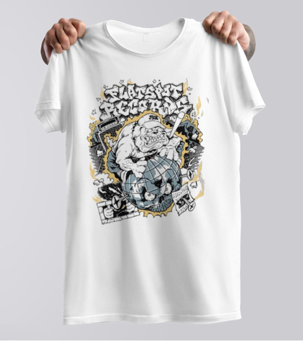 Flatspot Records Bulldog Globe Graffiti Style White T-Shirt