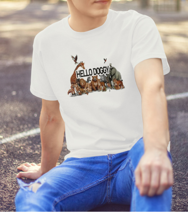 Hello Doggy Wildlife Animal Gathering With Giraffe Elephant Tiger And More T-Shirt