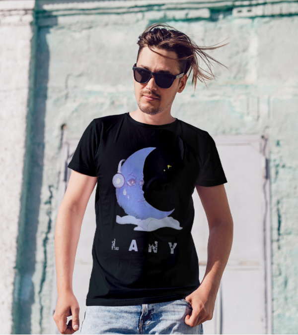 Lany Moon Crying Blue Crescent With Headphones And Clouds T-Shirt