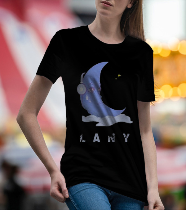 Lany Moon Crying Blue Crescent With Headphones And Clouds T-Shirt