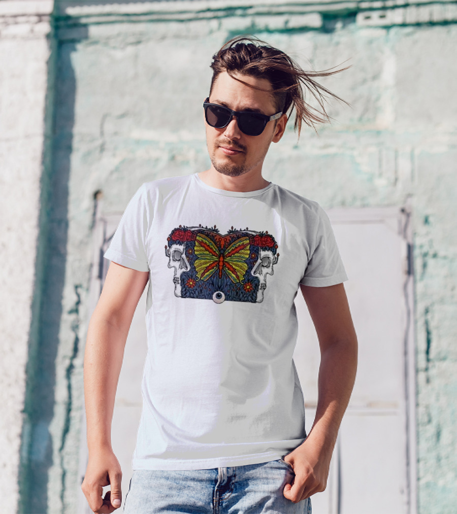 This Old Engine Two Worlds Skull And Butterfly Symmetry With Roses And Floral Elements T-Shirt