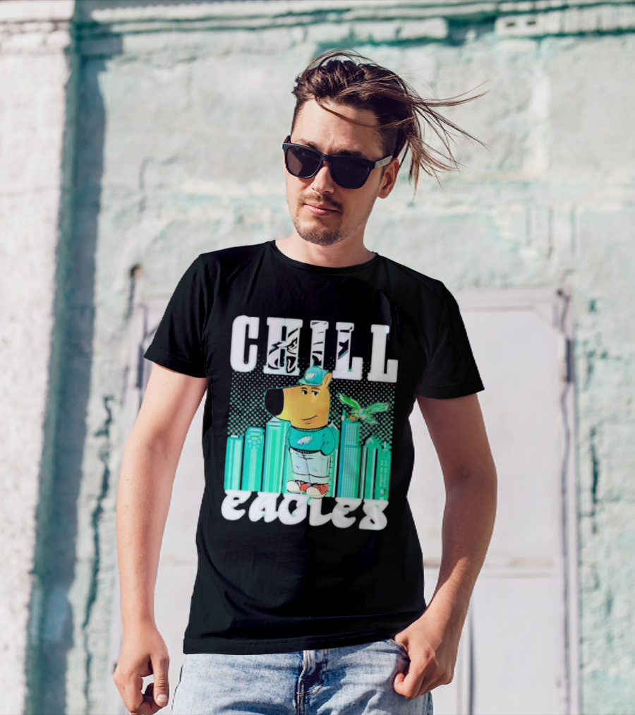 Philadelphia Eagles Chill Character With City Skyline And Cartoon Bird T-Shirt
