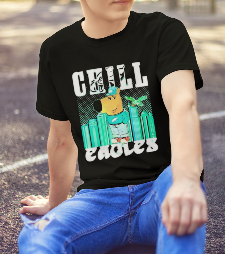 Philadelphia Eagles Chill Character With City Skyline And Cartoon Bird T-Shirt