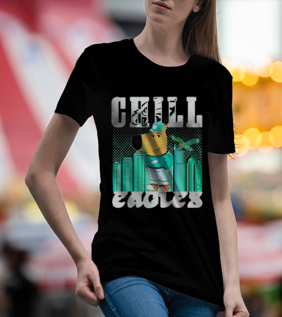 Philadelphia Eagles Chill Character With City Skyline And Cartoon Bird T-Shirt