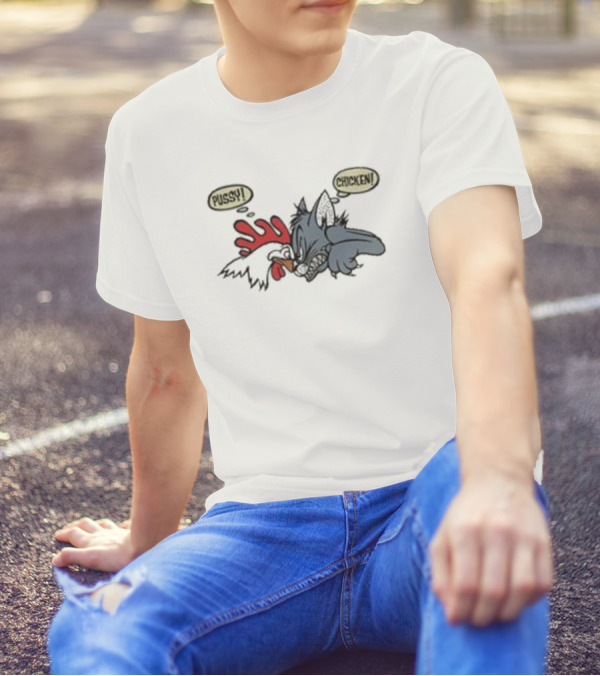 No Fear Pussy Chicken 1993 Rooster Cat Confrontation T-Shirt