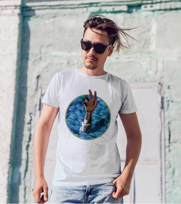 Hand Reaching Out Of Blue Ballpit Sphere T-Shirt
