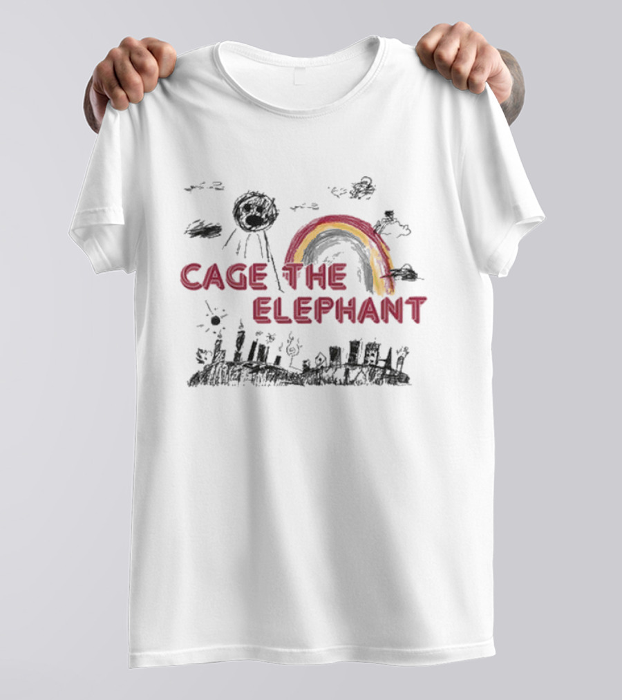 Cage The Elephant Rainbow Doodle With Scribbled Skyline And Clouds T-Shirt