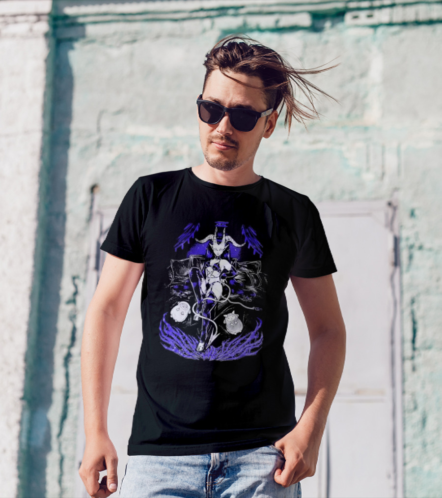 The Devil Pinku Kult Demonic Figure Surrounded By Ghostly Creatures And Occult Symbols T-Shirt