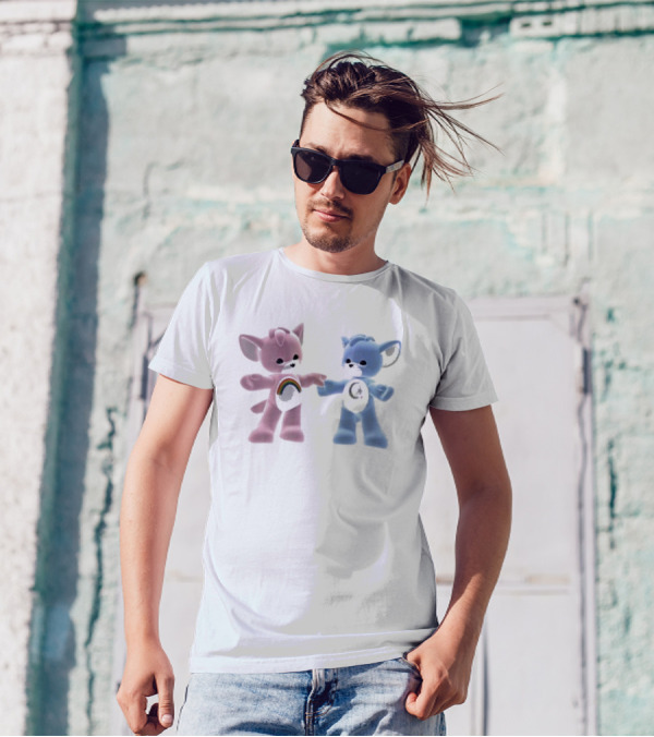 Smgandise Carebear Pink And Blue Cartoon Figures With Rainbow And Moon Symbols T-Shirt