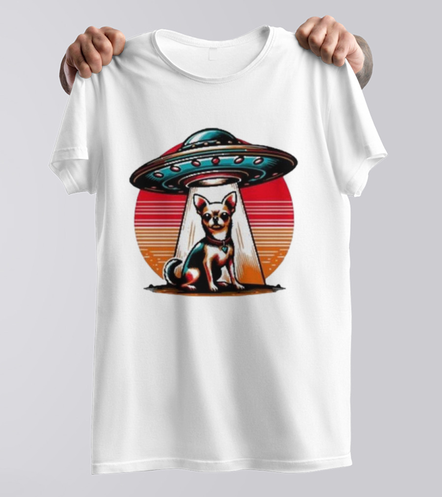 UFO Chihuahua Funny Alien Encounter Retro Sunset T-Shirt