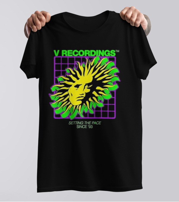 V Recordings Setting The Pace Since 93 Sunburst Face Retro Grid T-Shirt